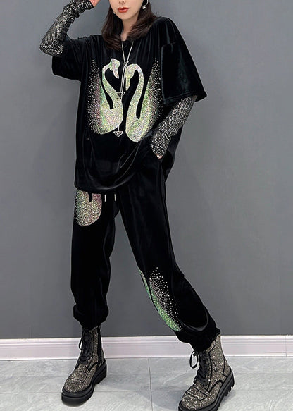 Frauen Schwarz O-Ausschnitt Pailletten Velours Top und Hose Zwei Stücke Set Winter