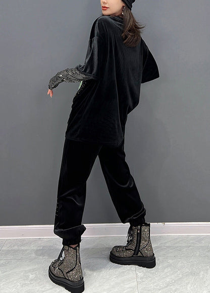 Frauen Schwarz O-Ausschnitt Pailletten Velours Top und Hose Zwei Stücke Set Winter
