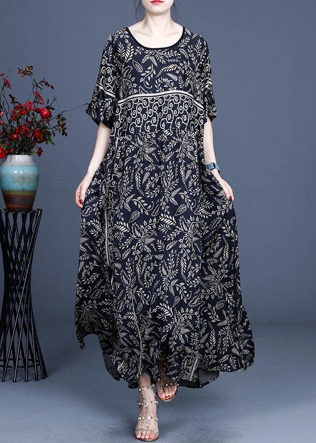 Women Black O-Neck Vintage Summer Silk Blended Maxi Dresses - SooLinen