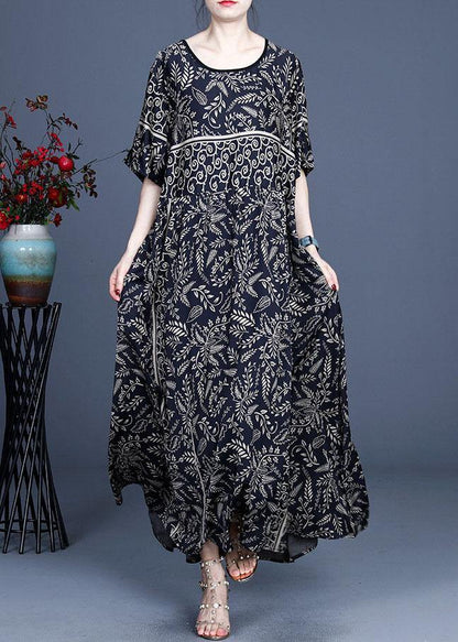 Women Black O-Neck Vintage Summer Silk Blended Maxi Dresses - SooLinen