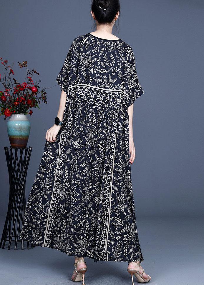 Women Black O-Neck Vintage Summer Silk Blended Maxi Dresses - SooLinen