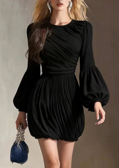 Women Black O Neck Wrinkled Patchwork Dress Lantern Sleeve