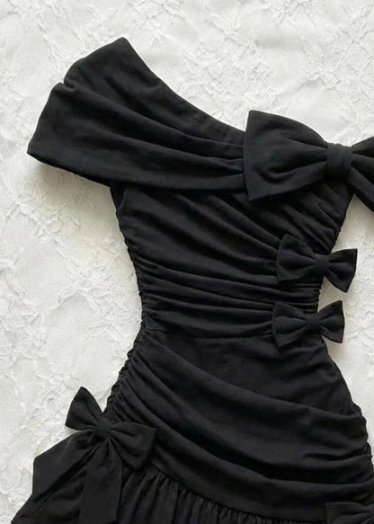 Women Black One Shoulder Bow Wrinkled Cotton Party Dress Summer