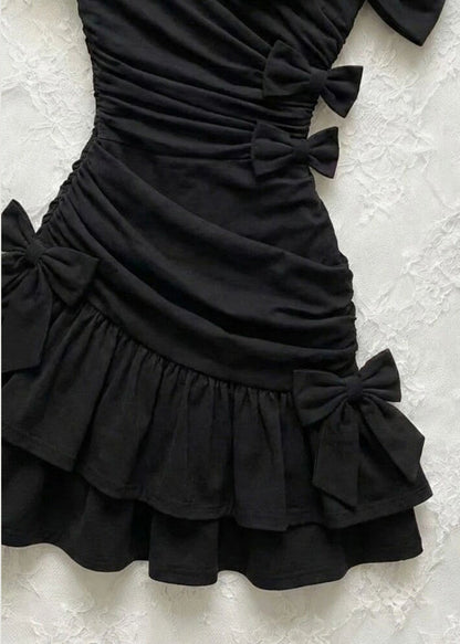Women Black One Shoulder Bow Wrinkled Cotton Party Dress Summer