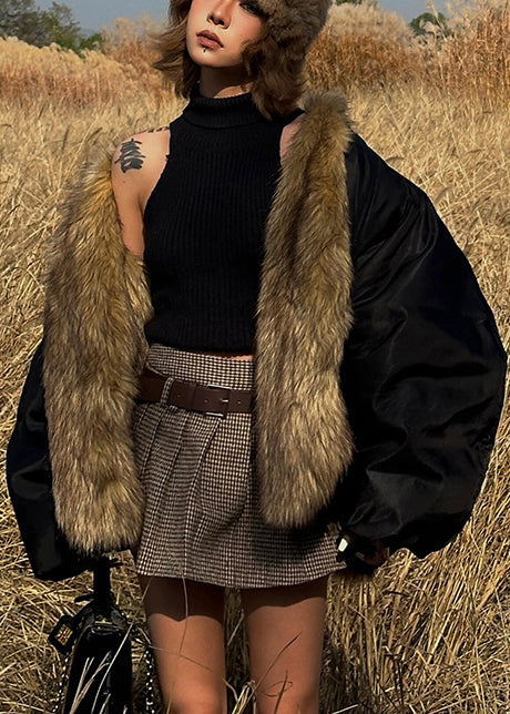 Women Black Oversized Patchwork Faux Fox Fur Coats Winter