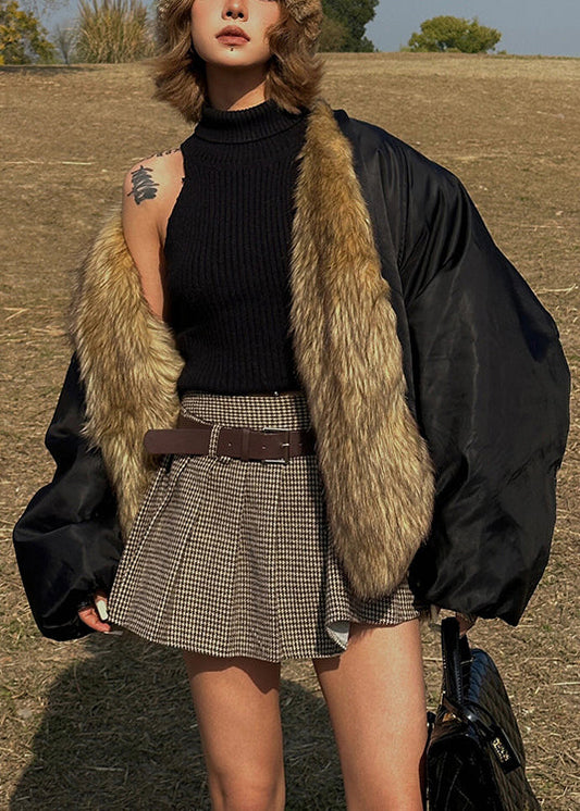 Women Black Oversized Patchwork Faux Fox Fur Coats Winter