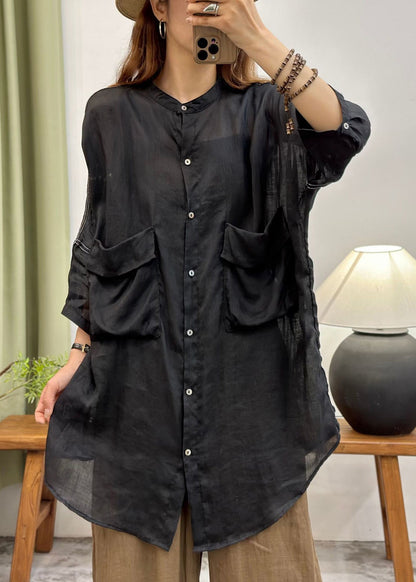 Women Black Oversized Pockets Cotton Long Shirt Summer