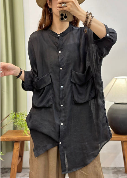 Women Black Oversized Pockets Cotton Long Shirt Summer