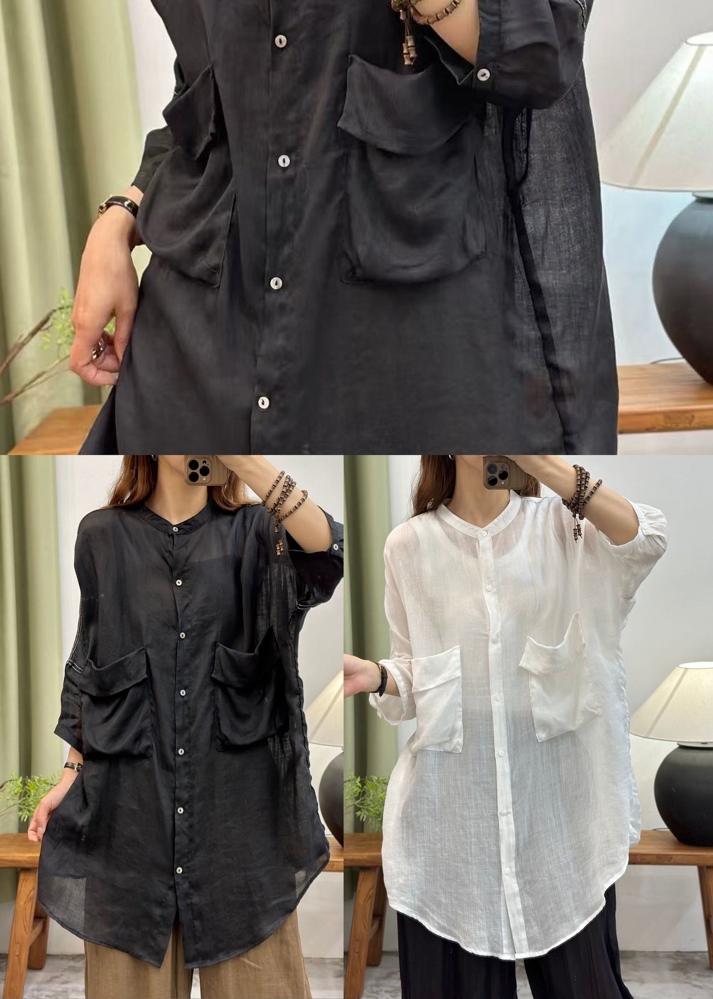 Women Black Oversized Pockets Cotton Long Shirt Summer