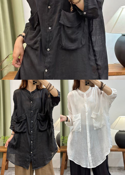 Women Black Oversized Pockets Cotton Long Shirt Summer