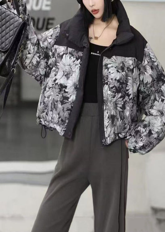 Chaqueta acolchada de plumón de pato con estampado oversize negro para mujer para invierno