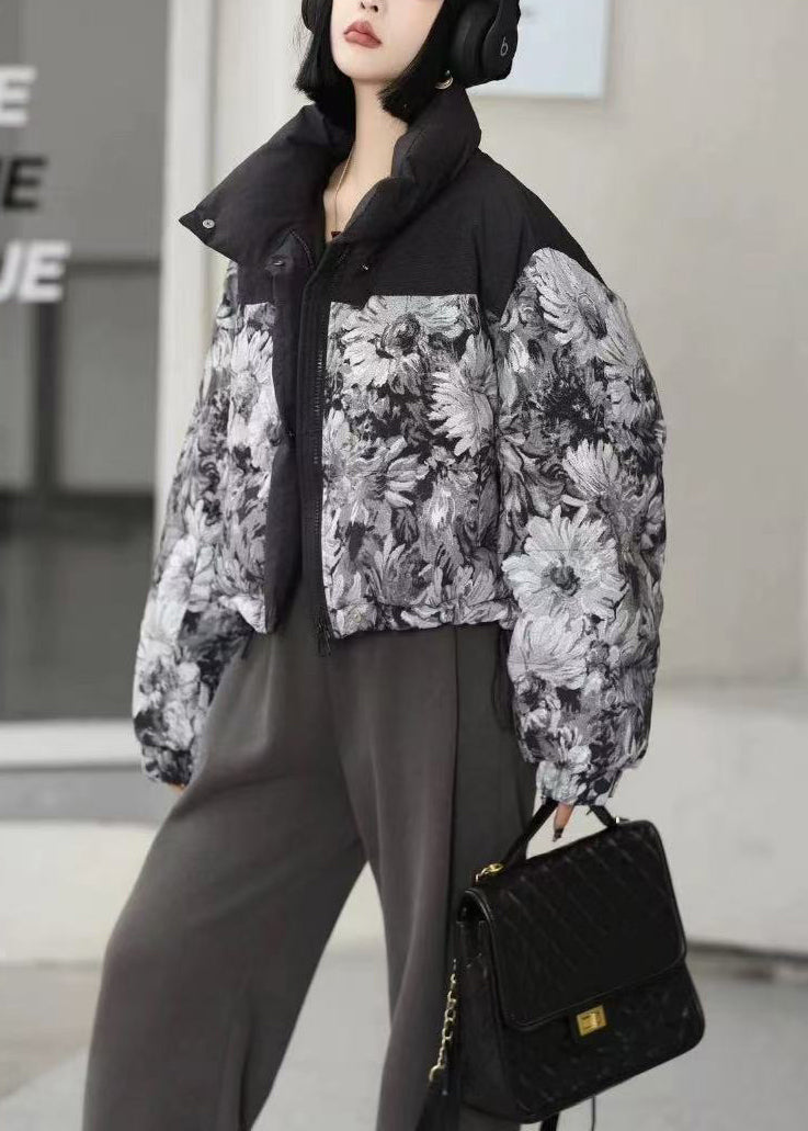 Chaqueta acolchada de plumón de pato con estampado oversize negro para mujer para invierno