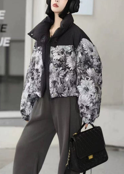 Chaqueta acolchada de plumón de pato con estampado oversize negro para mujer para invierno