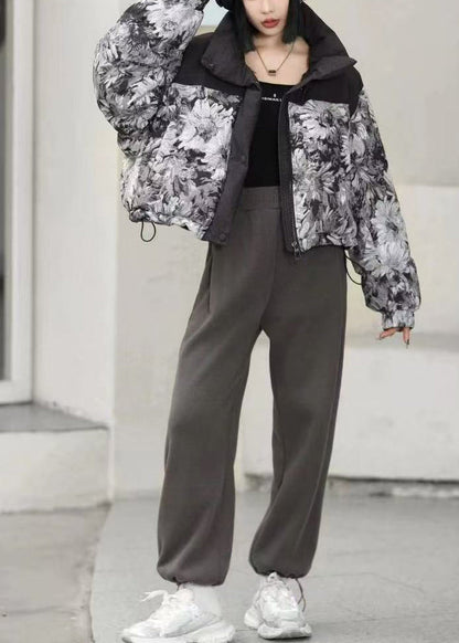 Chaqueta acolchada de plumón de pato con estampado oversize negro para mujer para invierno