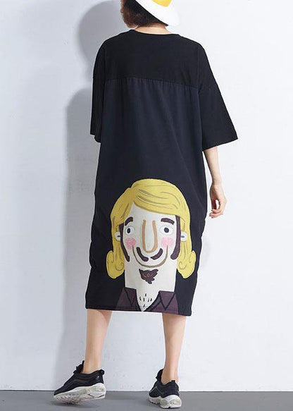 Women Black Patchwork Character Summer Maxi Dresses Half Sleeve - SooLinen