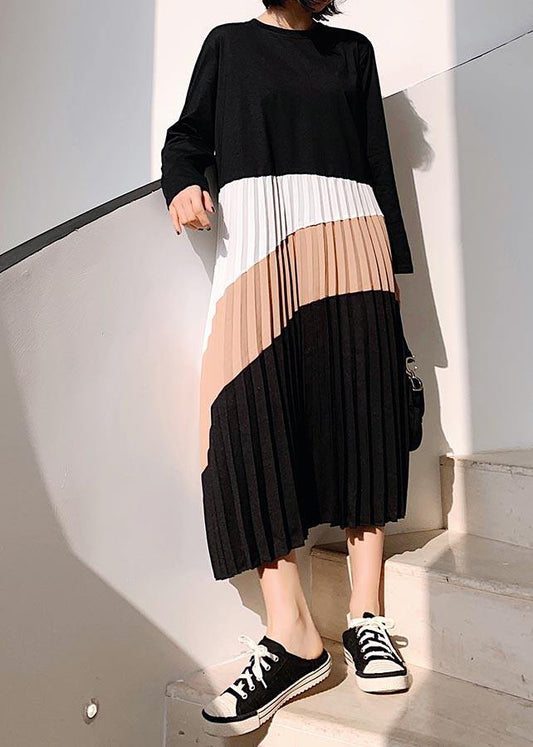 Women Black Patchwork Cinched Robe Spring Dresses - SooLinen