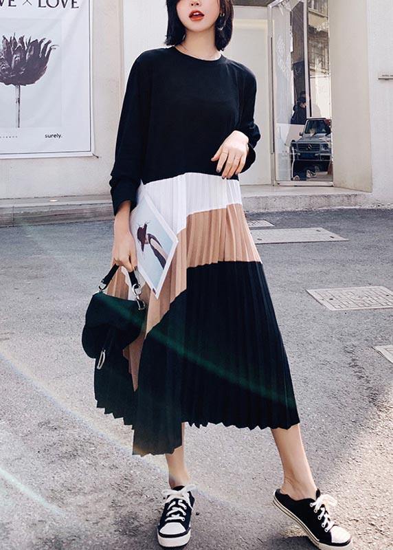 Women Black Patchwork Cinched Robe Spring Dresses - SooLinen