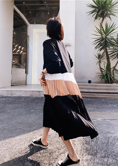 Women Black Patchwork Cinched Robe Spring Dresses - SooLinen