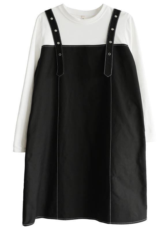 Women Black Patchwork Cotton Dress Two Piece Set Women Clothing - SooLinen