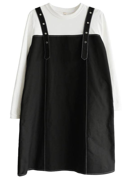 Women Black Patchwork Cotton Dress Two Piece Set Women Clothing - SooLinen