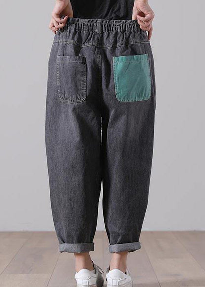 Women Black Patchwork Jeans Summer Cotton - SooLinen