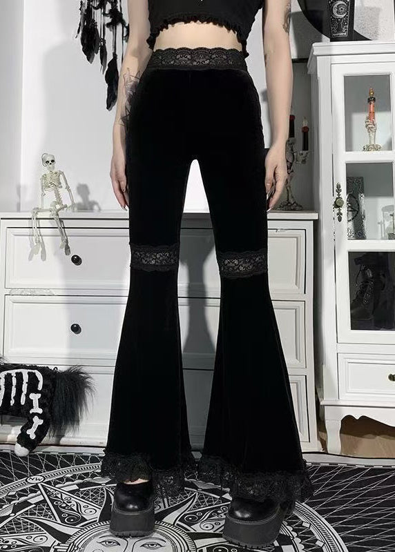 Women Black Patchwork Lace High Waist Pants Fall