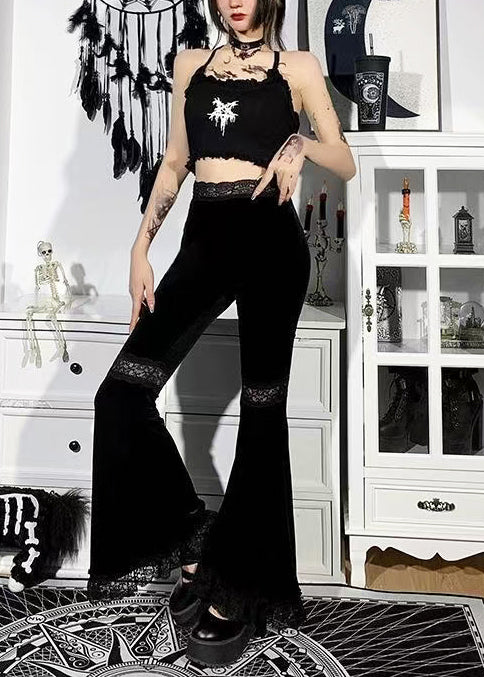 Women Black Patchwork Lace High Waist Pants Fall