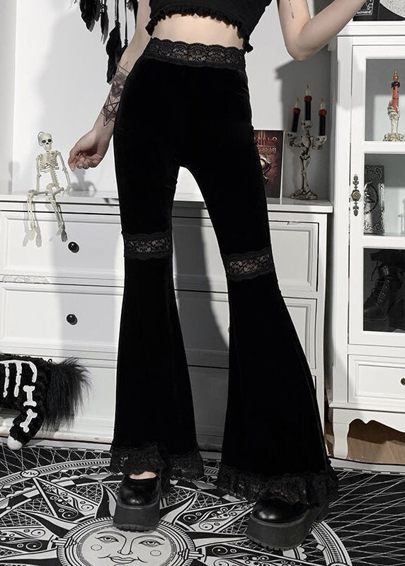 Women Black Patchwork Lace High Waist Pants Fall