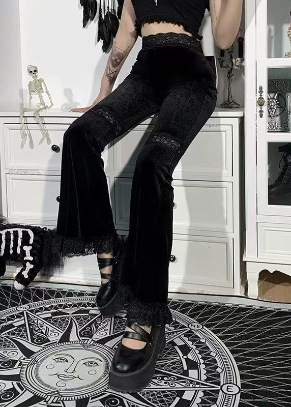 Women Black Patchwork Lace High Waist Pants Fall