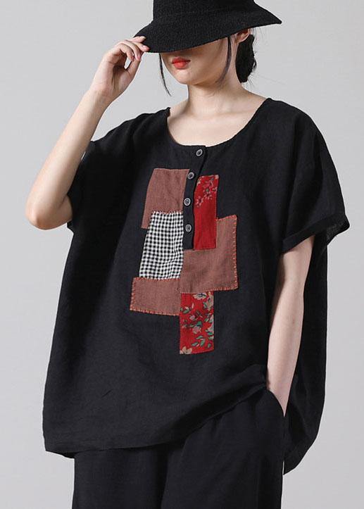 Women Black Patchwork Shirt Short Sleeve Cotton Linen - SooLinen