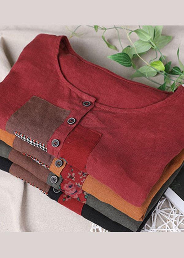 Women Black Patchwork Shirt Short Sleeve Cotton Linen - SooLinen