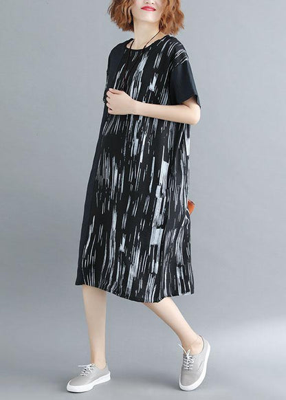 Women Black Patchwork Striped O Neck Cotton Maxi Dresses - SooLinen