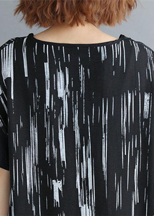 Women Black Patchwork Striped O Neck Cotton Maxi Dresses - SooLinen