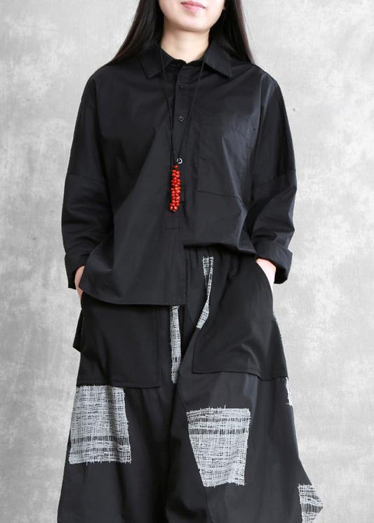 Women Black Peter Pan Collar Button Cotton Shirt Summer - SooLinen