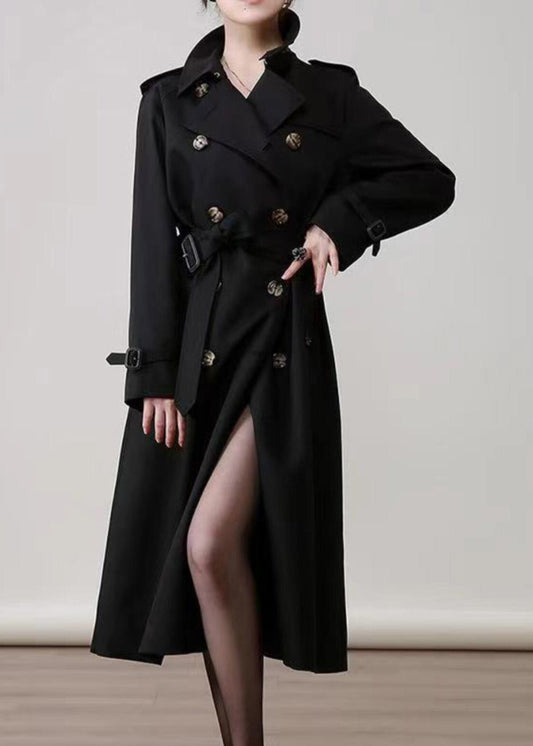Women Black Peter Pan Collar Double Breast Cotton Trench Spring