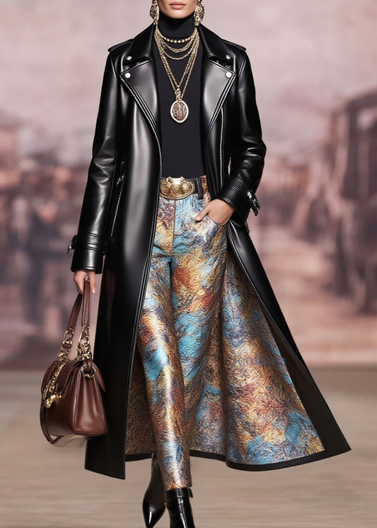Women Black Peter Pan Collar Pockets Faux Leather Coat Spring