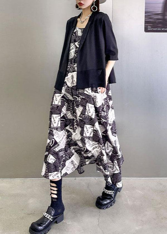 Women Black Peter Pan Collar side open stand collar Half Sleeve Coat Summer - SooLinen