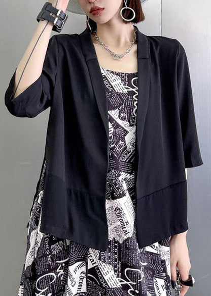 Women Black Peter Pan Collar side open stand collar Half Sleeve Coat Summer - SooLinen