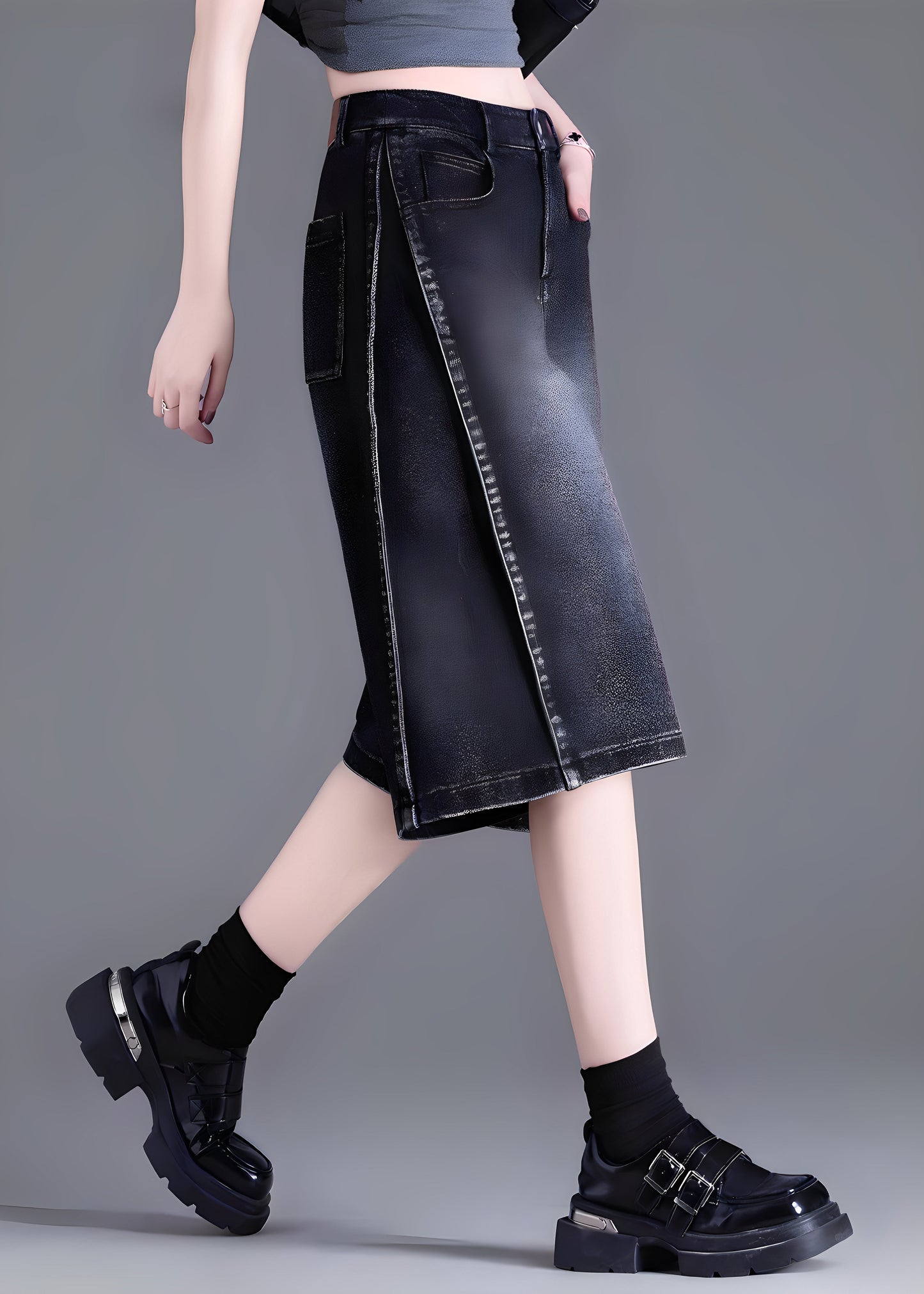 Women Black Pockets Patchwork Denim Crop Pants Summer