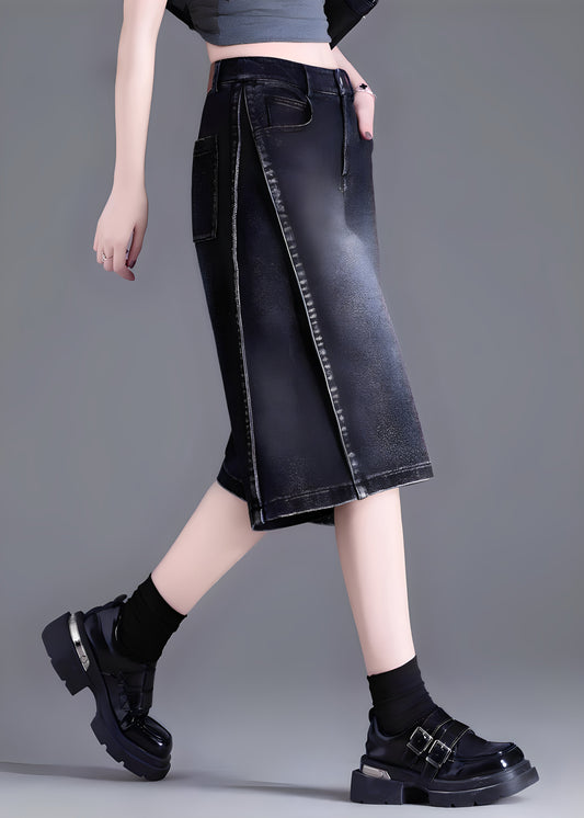 Women Black Pockets Patchwork Denim Crop Pants Summer