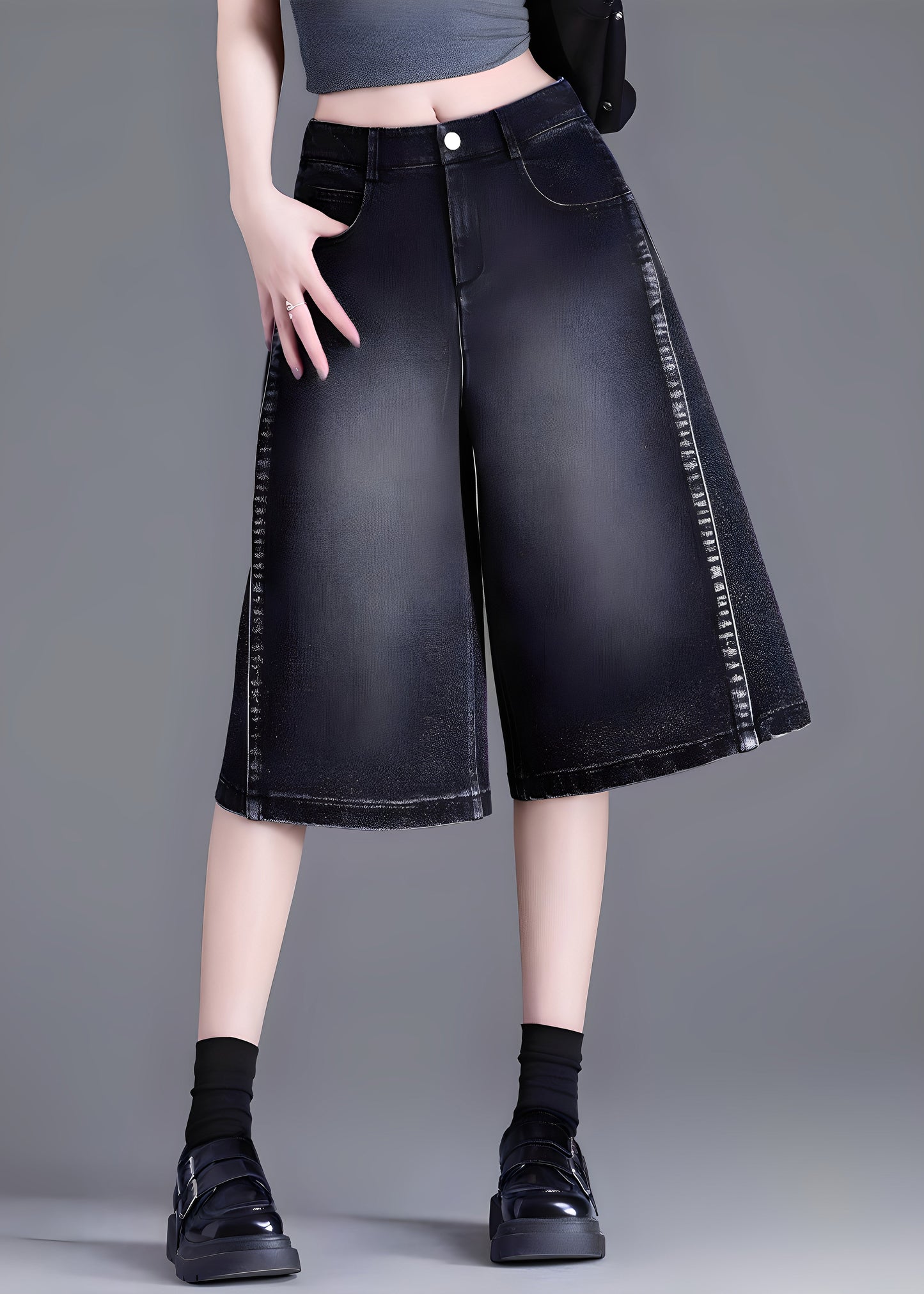 Women Black Pockets Patchwork Denim Crop Pants Summer