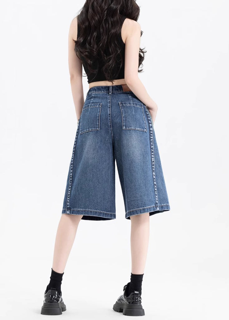 Women Black Pockets Patchwork Denim Crop Pants Summer