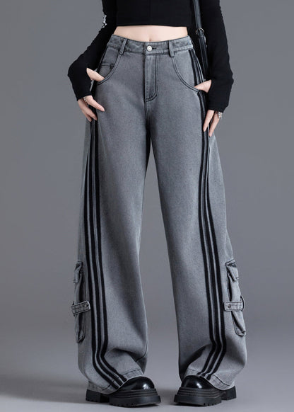 Women Black Pockets Patchwork High Waist Denim Pants Spring