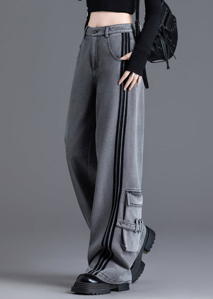 Women Black Pockets Patchwork High Waist Denim Pants Spring