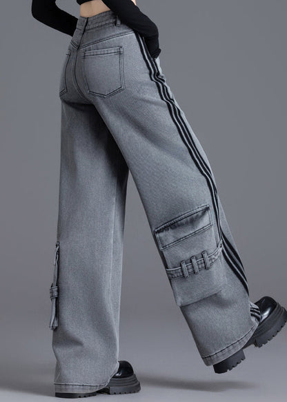 Women Black Pockets Patchwork High Waist Denim Pants Spring