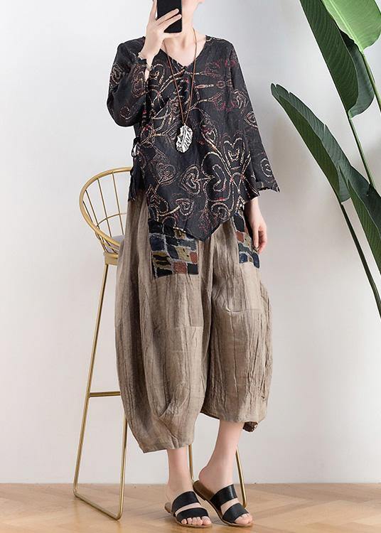 Women Black Print Asymmetrical DesignLinen Summer Tops - SooLinen