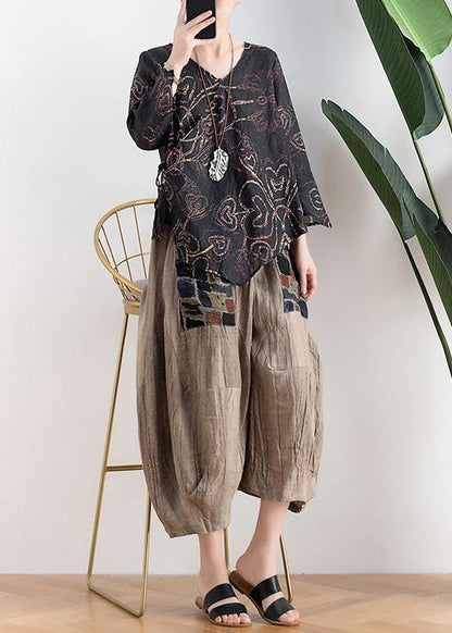 Women Black Print Asymmetrical DesignLinen Summer Tops - SooLinen