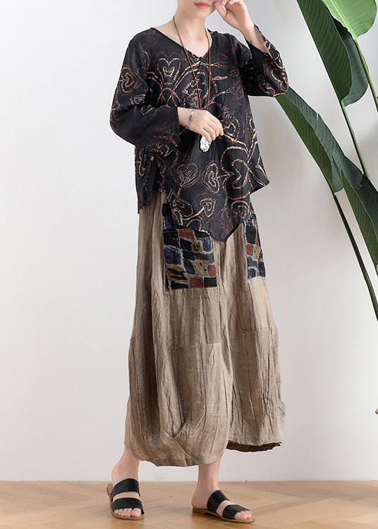 Women Black Print Asymmetrical DesignLinen Summer Tops - SooLinen