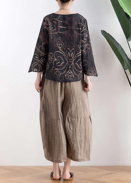 Women Black Print Asymmetrical DesignLinen Summer Tops - SooLinen