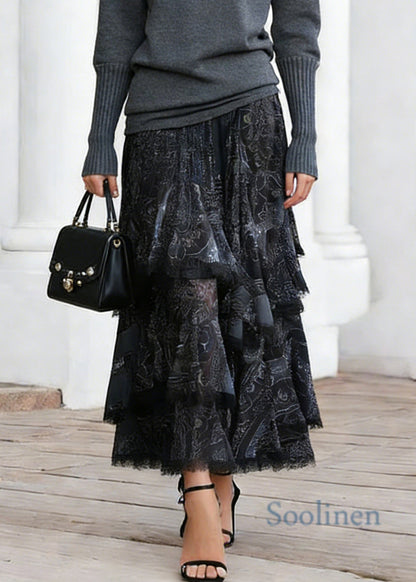 Women Black Print Elastic Waist Lace A Line Skirts